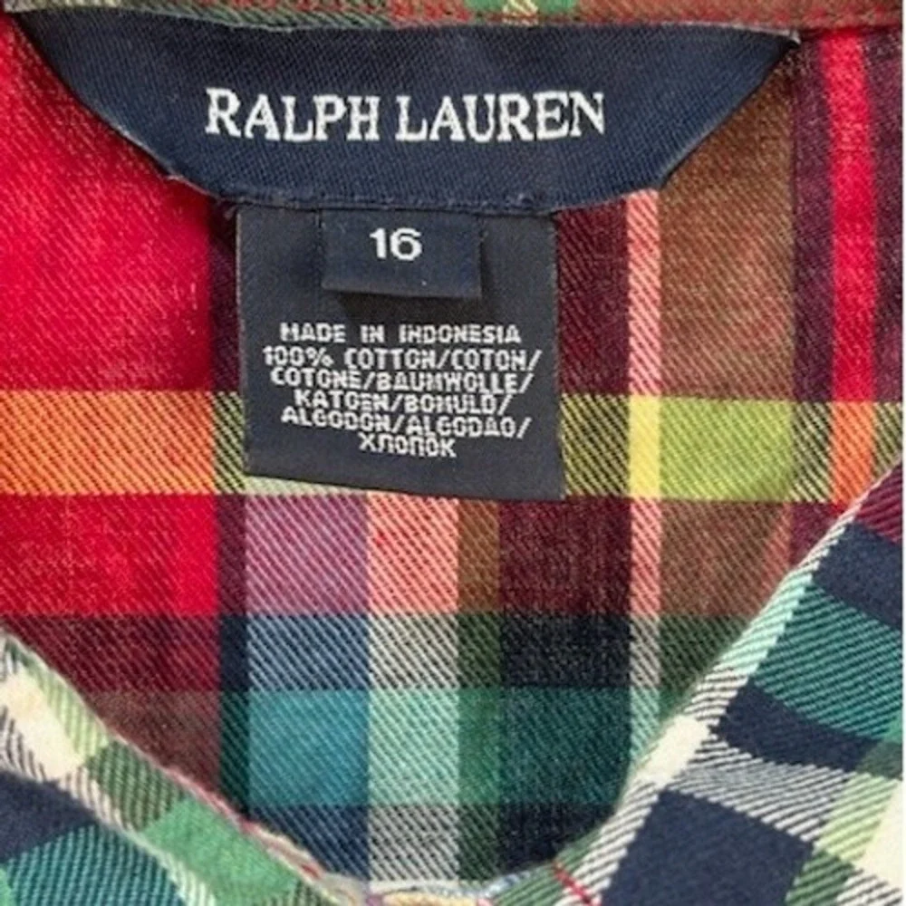 Ralph Lauren Girl's Plaid Blouse Size 16 Multicolor Ruffle Front Long Sleeve‎